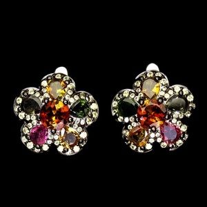 Earrings Round Tourmaline 6mm Sapphire Diamonds Cut 925 Sterling Silver